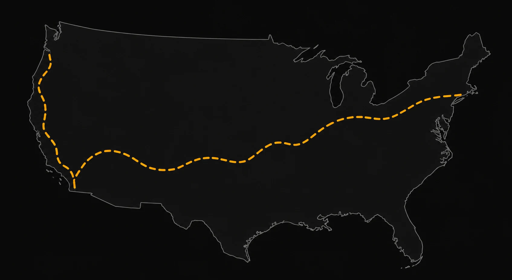 Stilisierte Karte der USA mit einer orange gestrichelten Route von der Westküste bis in den Nordosten